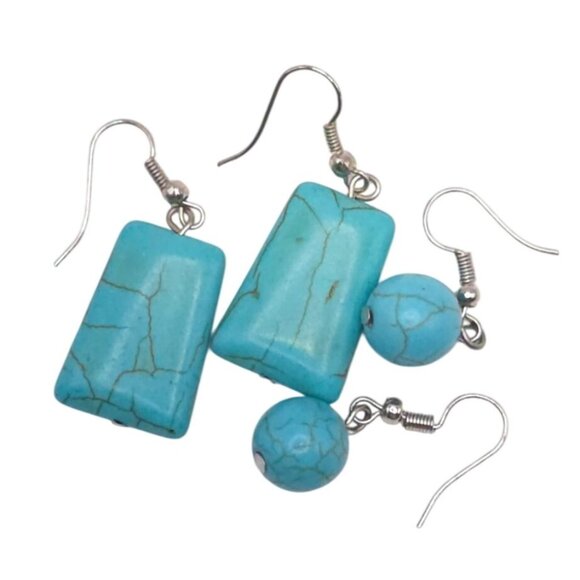 Unbranded Jewelry - Turquoise Stone Dangle Earrings Set With Rectangular & Round Stone Design